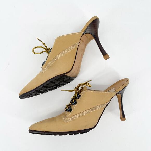 Manolo Blahnik Retro y2k Tan Oklamod Timberland Lace Up Pointed Toe Mule IT 36.5 - Picture 4 of 14